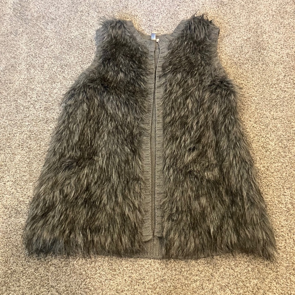 Red Camel Women Grey Faux Fur Front Knit Back Open Vest Size XS Avant Garde Shag